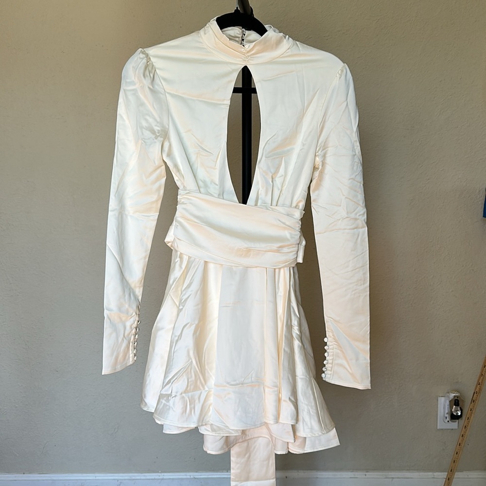 House of CB Cream Long-Sleeve Open-Back Mini Dress - Picture 2 of 15